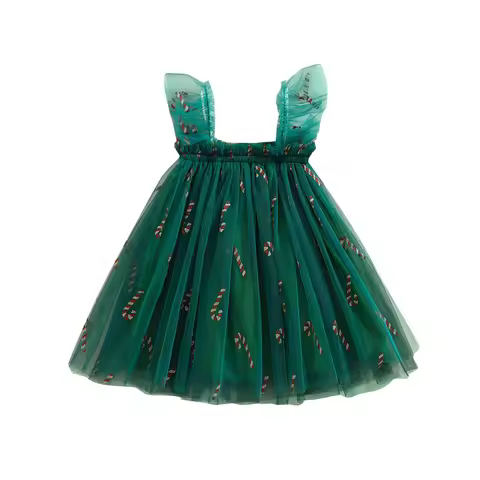 Kids Baby Girl Dress Christmas Clothes Candy Cane/Plaid Print Sleeveless Square Neck Tulle Tutu A-Li