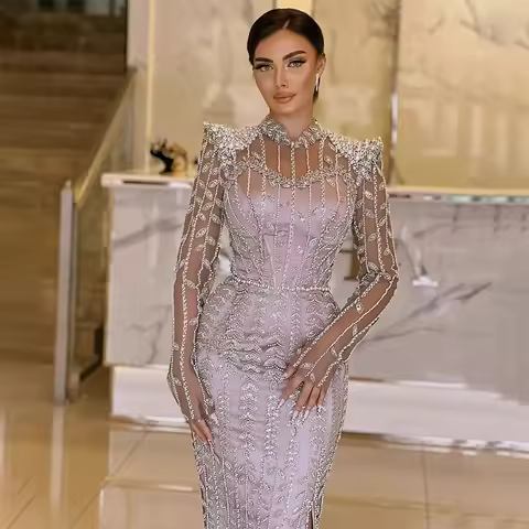 Luxury Dresses for Party Satin Sheath/Column Celebrity Dress Taro Pur High Collar Beads Side Split E