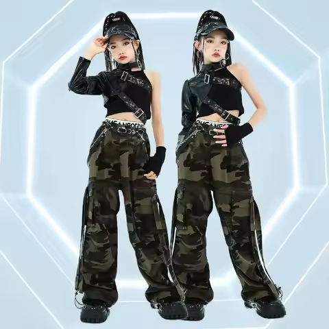 Girls Kpop Costume Black Leather Sleeves Tops Hip Hop Performance Outfits Kids Concert Stage Clothin