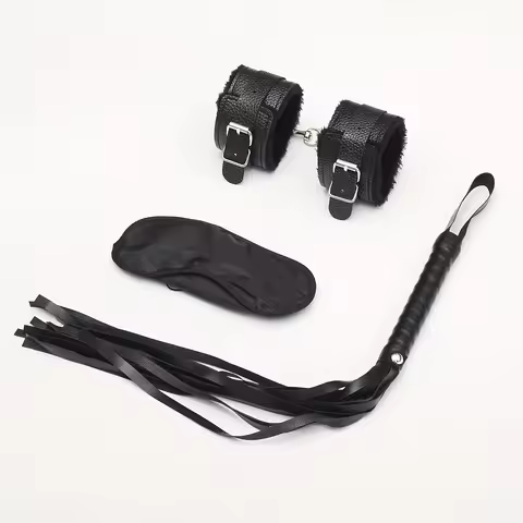 BDSM set: Vibrating stick, anal plug, black soft restraint handcuffs, black long whip, mysterious li
