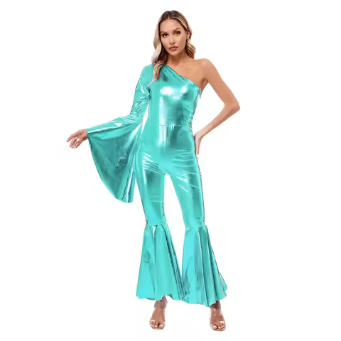 Womens Metallic Shiny 70s Disco Jumpsuit Flared Trousers Nightclub Outfit Flare Bell Bottom Romper B