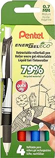 Pentel BL77E-4 EnerGel Eco Retractable Gel Rollerball Pen, Made with 79% Recycled Materials, Set of 4 - Black/Red/Blue/Green, 1 Piece (Pack of 4)