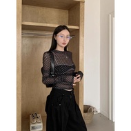 y2k y2k Women's Clothing Translucent Tops Hot Girls Retro Gauze Polka Dot Round Neck Long Sleeve T-S