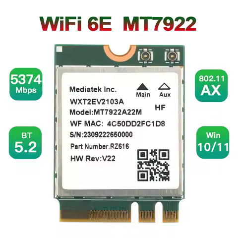 WiFi 6E MT7922 M.2 Wireless Card 5374Mbps BT 5.2 Tri Band 2.4G/5G/6Ghz Network Adapter 802.11AX Wire