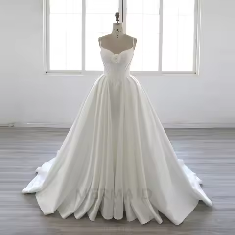 Spaghetti Straps V Neck Chapel Train Mikado Ball Gown Wedding Dress
