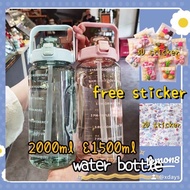 READY STOCK 🇲🇾 -1500/2000ml 3D sticker water bottle/tumble/with straw /2000ML水瓶/吸管