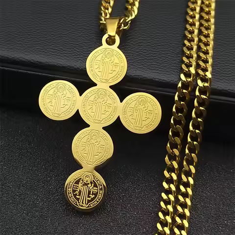2024 Fashion Stainless Steel Cross Necklace for Women Men Saint Benedict Gold Color Necklaces Jewelr