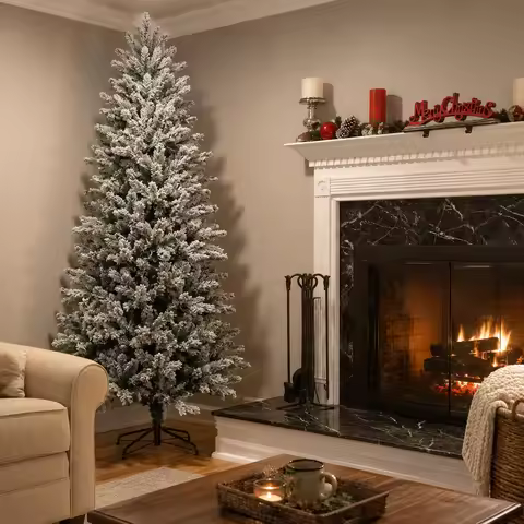 Snow Flocked Artificial Christmas Tree Slim PVC Xmas Tree 4-8FT Tree Only or USB LED String Lights w