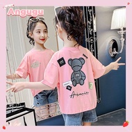 Angugu Summer 2023 New Girls Cartoon Bear Print Short Sleeve T-Shirt For Kids Cute Crewneck Top 3 to
