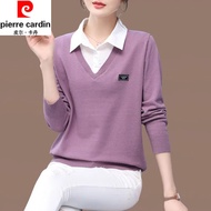 Pierre Cardin（pierre cardin）Women's Fake Two Pieces Sweaters Spring and Autumn New Korean Style All-Matching Western Sty