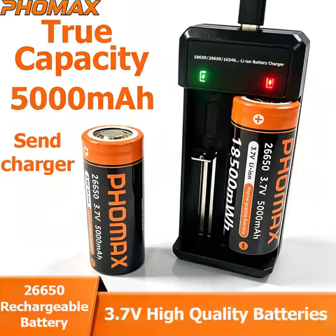 PHOMAX 26650 3.7V 5000mAh Rechargeable Battery High Quality Lithium Ion Batteries for 26650 LED Flas