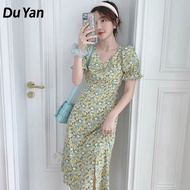 Du Yan ชุดผู้หญิง2024 Slim กระโปรงยาวบางสีเขียวชุดเดรสแขนพอง ชุดลายดอก ชุด เดรส ทะเล ชุดไปทะเล ดอกไม้