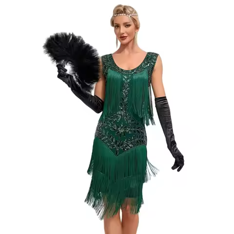 1920s Sleeveless Flapper Dresses Scoop Neck Great Gatsby Dresses Fringed Sequin Roaring 20s Dress Co