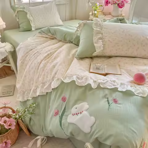 3/4Pcs Bedding Set Floral Rabbit Bow Lace Bed Sheets With Green Duvet Cover Muslin Bedding Bed Sheet