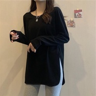 150kg Plus Size Long-Sleeved T-Shirt Mid-Length Bottoming Shirt For Women New Loose Split Solid Color Belly-Covering Coat Baju  T Shirt Lengan Panjang Perempuan