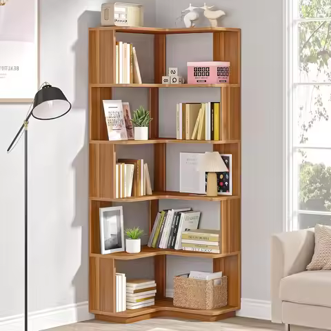 LITTLE TREE 6 Tier Corner Bookshelf, 64.9 Inches Tall Industrial L Shaped Bookcase,Shelf Display Rac