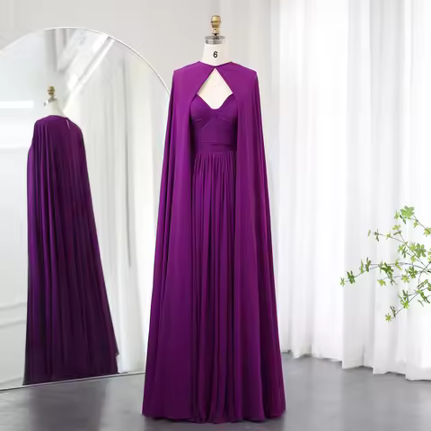 Sharon Said Arabia Purple Chiffon Evening Dresses with Cape Elegant Sweetheart Green Women Wedding P