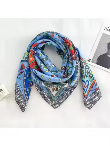 90x90cm Luxury Twill Silk Scarf - Floral Tree Print Hair Shawl, Hijab, Pashmina Wrap for Women