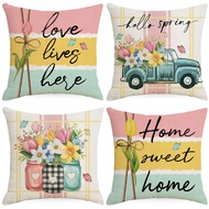[Single Side] 1 Piece Linen Sofa Pillow Case 40x40/45x45/50x50cm, Yellow Pink Flower "Sweet Home" Pa