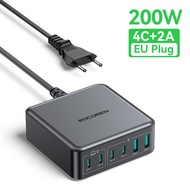 Rocoren 200W 4 * USB-C + 2 * ที่ชาร์จ USB-A GaN 6พอร์ต PD3.0เดสก์ท็อปที่รวดเร็วสายชาร์จสำหรับแล็ปท็อ