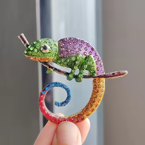 fashion rhinestone inlaid chameleon brooch, animal lizard enamel accessory pins jewelry