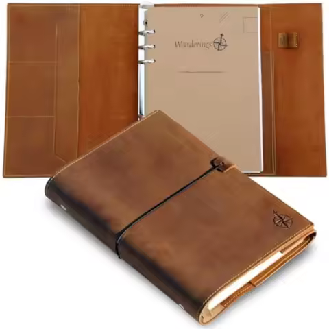 A5 Leather Binder Planner - Refillable 6 Ring Journal with Inner Pockets - Hand-Crafted Genuine Leat