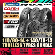 TAYAR MCR,CONTINENTAL,GRT,MICHELIN,CORSA,DURO,FKR,IRC,DELI,SWALLOW TUBELESS TYRE 110/80-14 + 140/70-