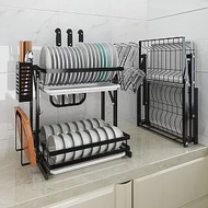 【AOTTO】免組裝不鏽鋼廚房可摺疊雙層碗盤瀝水架- 黑色