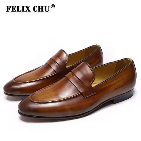 FELIX CHU Mens Penny Loafers Leather Shoes Genuine Leather Elegant Wedding Party Casual Dress Shoes