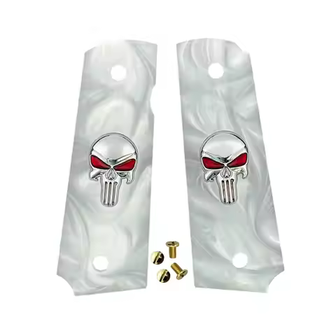1911 Grips Full Size,White pearl Silver Skull red eyes,Fits Colt,Kimber,Springfield,Remington,Rock I