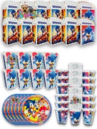 Kit de Fiesta 25 Invitados de Personaje Sonic Desechables 100 pz Artículos Decoración Cartón Platos Vasos Dulceros Palomeros
