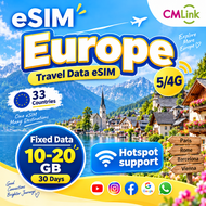 Europe 33 Countries Travel eSIM 30 Days 10-20GB High-Speed Data Prepaid eSIM Card 4G/5G LTE Hotspot 