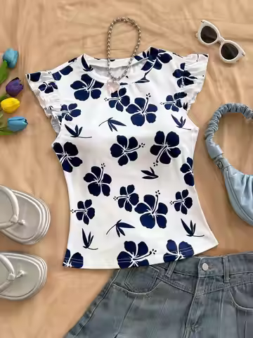 Women's Summer Casual Flutter Sleeve Floral Print T‑shirt, Stylish Flutter Sleeve for Refreshing Sum
