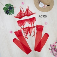 MERAH Bra G String + Garter Belt + Stockings Women Red Ac33B