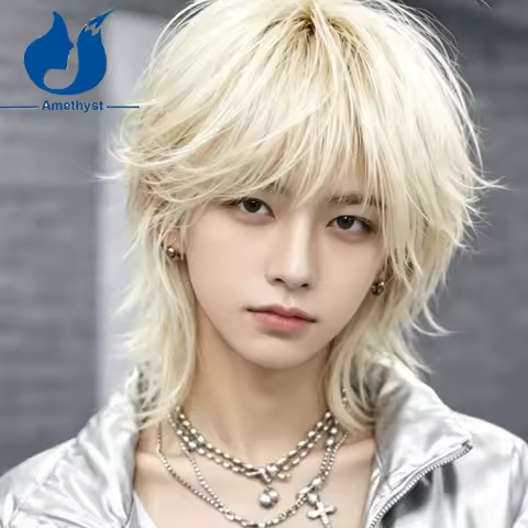 Amethyst Wolf Cut #60 White Blonde Pre Styled FulL Lace Wig Human Hair for Men Platinum Mullet Wig M