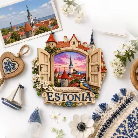 Estonia Window Birds Fridge Magnet - Picturesque 3D Old Town Souvenir Unique Nordic Gift for Travel 