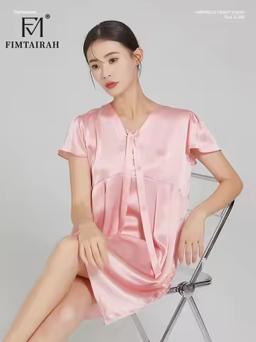 FIMTAIRAH Pure color 100% mulberry silk short sleeve loose nightdress women's summer thin silk V-nec