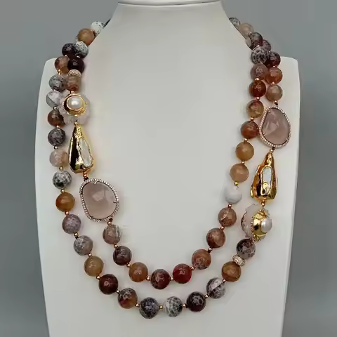 Y·YING 2 Strands 12mm Faceted Round Brown Fire Agates Crystal Pearl Quartz Druzy Choker Necklace 21"