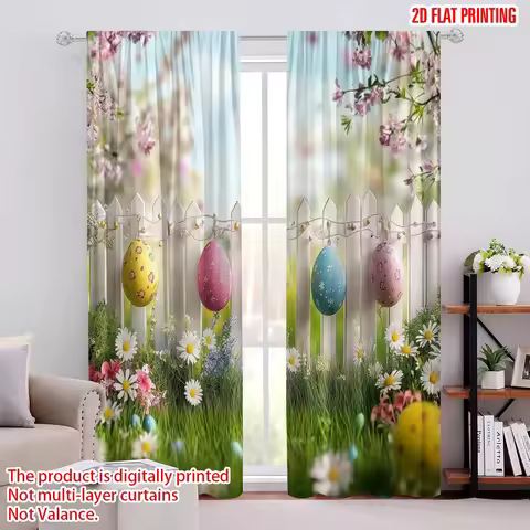 2D flat printing 2pcs Window Treatment Curtains Easter Colorful Eggs Fence Digital Printed Polyester