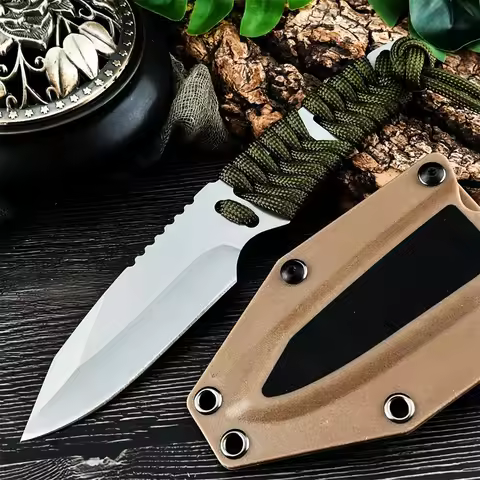 Outdoor Jungle Hiking Knife with Sheath, Single-edged Straight Blade Made of 8Cr13Mov Steel, Nylon H
