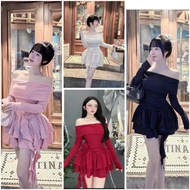 A49- Large Long Sleeve Off Shoulder Dress (with pants) - 2-Layer Flared Skirt with Ruffled Waist wit