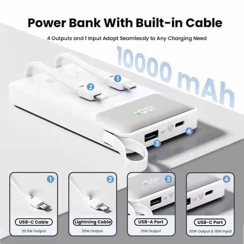 PISEN 22.5W Power Bank 10000mAh/ 20000mAh With Built-in Type C/L Cables Fast Charging Powerbank For 