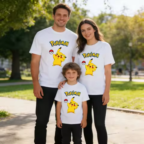 2026 New Pokemon Pikachu Print T Shirt Unisex Versatile Casual Tee Men Women Kids Family Matching Sh