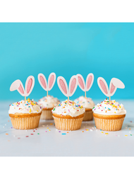 12入組復活節兔耳杯子蛋糕釘,閃爍兔耳蛋糕裝飾釘,適用於嬰兒沐浴派對,生日派對