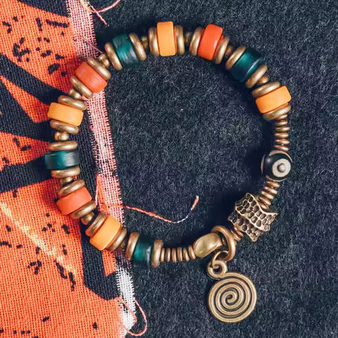 Azure Stone Coloured Glaze Beads Strand Bracelet Hand Beaten Copper Charm Evil Eyes Chakra Healing P