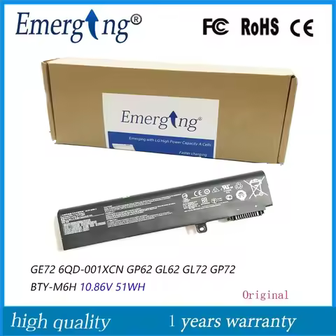 10.86V 51WH New Original Laptop Battery BTY-M6H for MSI GE62 2QF-255XCN GE72 6QD-001XCN GP62 GL62 GL