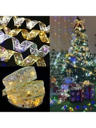 聖誕緞帶LED燈串裝飾用品帶蝴蝶結,聖誕樹懸掛裝飾物,禮品包裝裝飾用品
