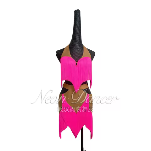 Neondancer New Women's Latin Dance Outfit, Bright Pink Tassel Skirt Set, Latin Dance Training Outfit