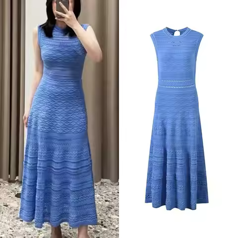 2026 Spring New Sky Blue Diamond Wave Jacquard Embroidery Hollow Out A Line Dress