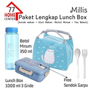 perviz Lunch Box Set Biru 4 Grid Anti Tumpah Dan Tas/Kotak Bekal Makan Botol Minum Free Sendok Tempa